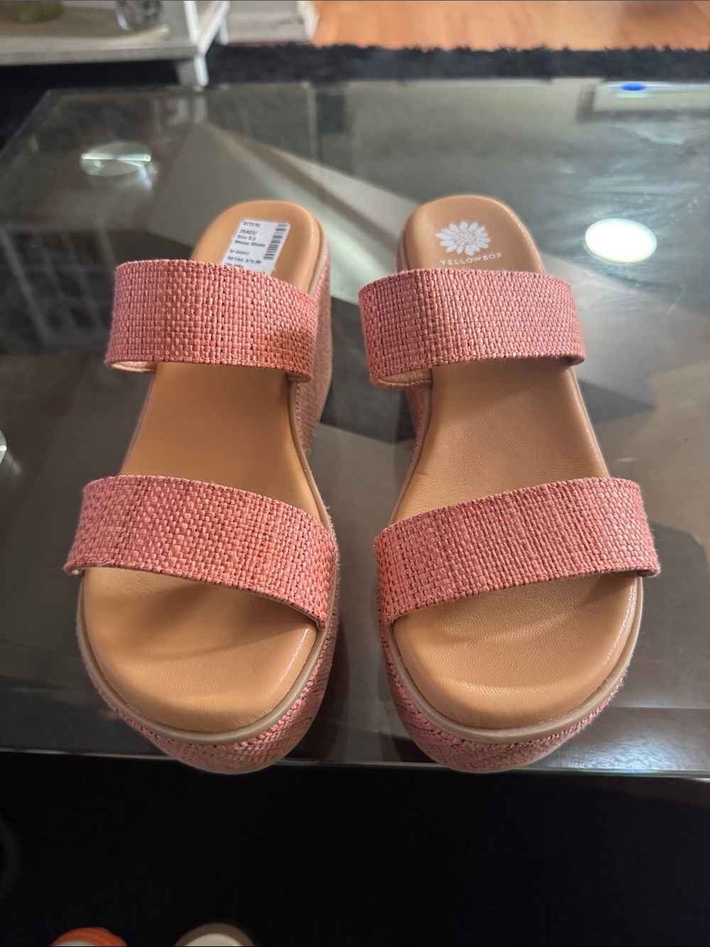 Yellow Box Coral Pink Woven Double-Strap Platform Slides - Picture 3 of 8